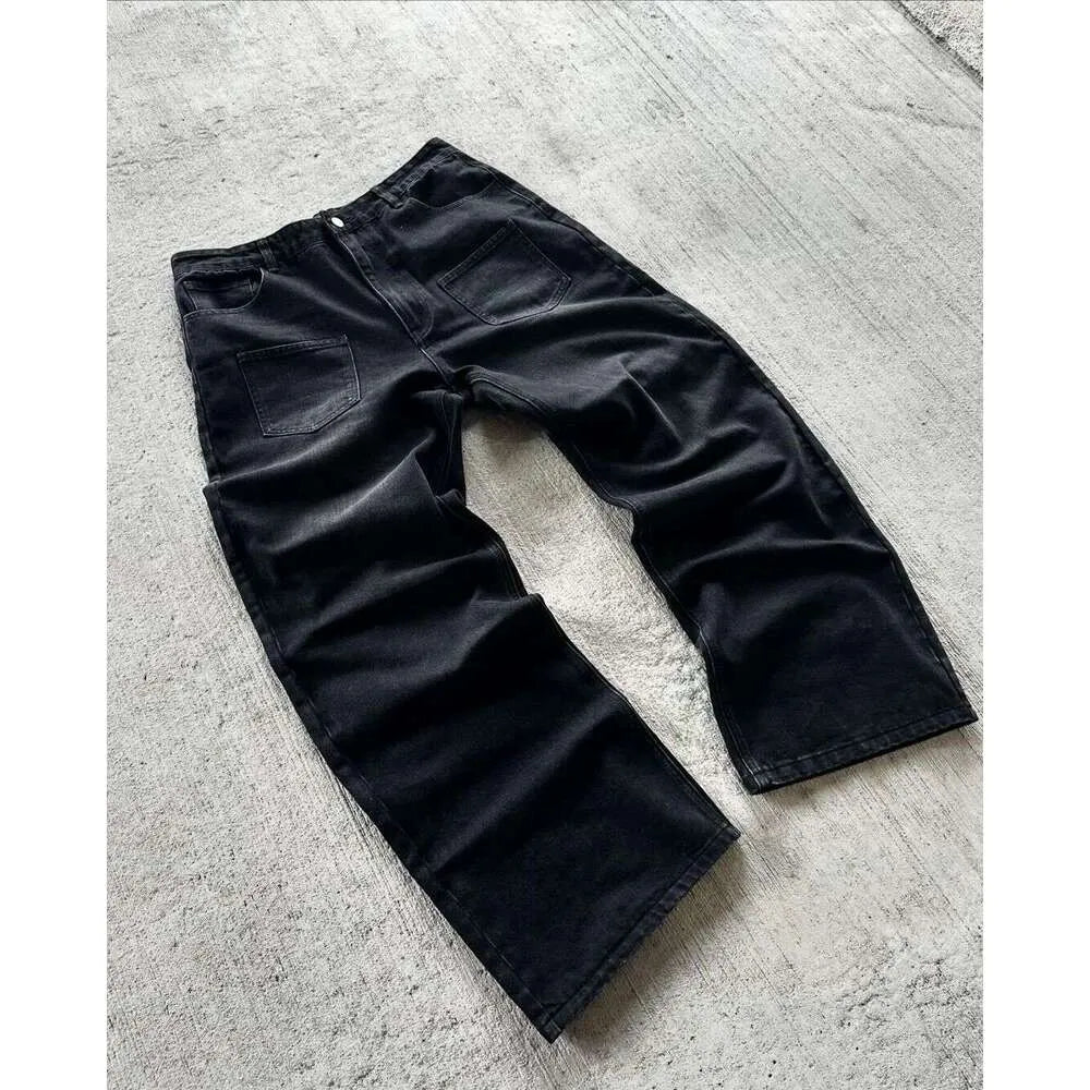 Sakura Embroidered Clothes Mens Haruku Hip Hop Guy Pocket Retro Baggy Jeans Pants Low Rise Wide Leg Trousers R250508