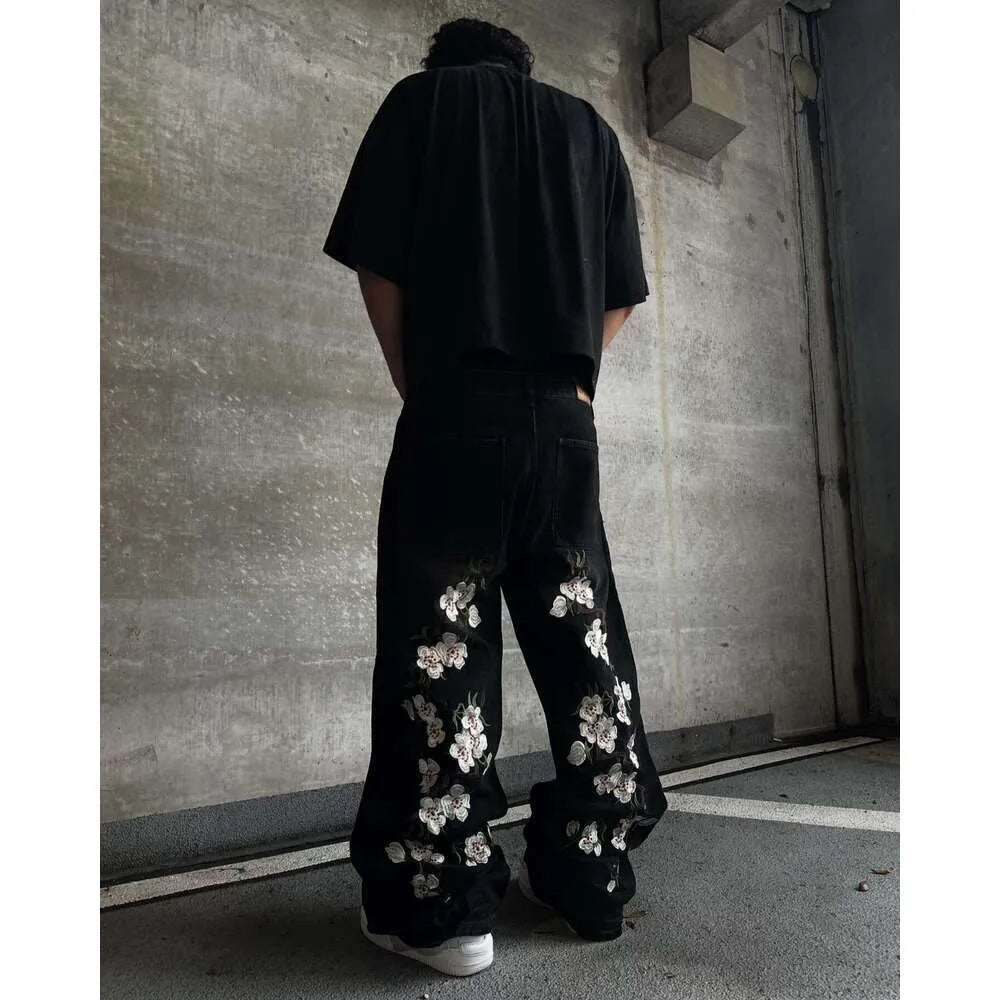 Sakura Embroidered Clothes Mens Haruku Hip Hop Guy Pocket Retro Baggy Jeans Pants Low Rise Wide Leg Trousers R250508