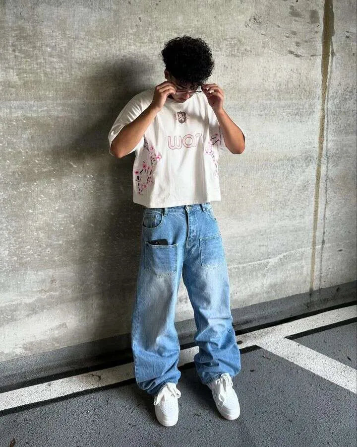 Sakura Embroidered Clothes Mens Haruku Hip Hop Guy Pocket Retro Baggy Jeans Pants Low Rise Wide Leg Trousers R250508